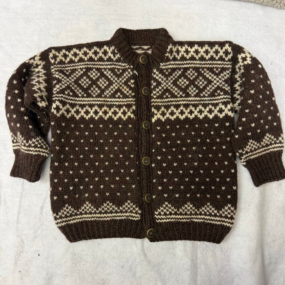 Gorgeous Handmade Knit Nordic Fair Isle Cardigan Sweater Brown Boys Girls 3T 4T